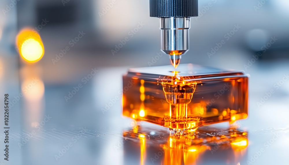 Poster Advanced bioprinting technology creating cellular structures with precision and innovation. image showcases close up of bioprinter nozzle dispensing vibrant orange material