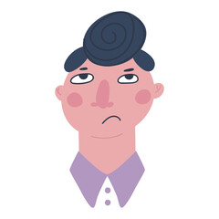 Head of a man with a dissatisfied face. Man demonstrates emotion. Flat vector illustration eps10