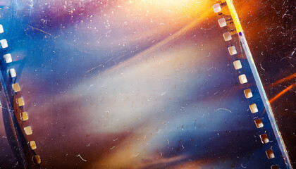Artistic exploration of a film strip against a colorful abstract background with soft light effects and vibrant hues