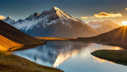 Majestic mountain landscape reflecting in tranquil lake at sunrise with dramatic clouds over snow-capped peaks