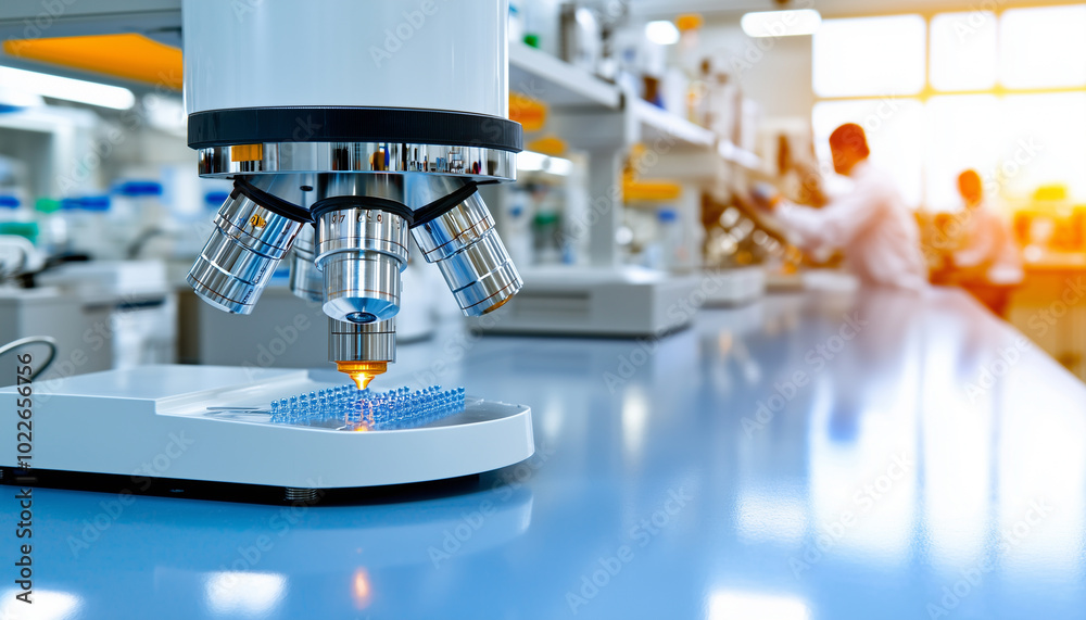 Poster modern biotechnology lab featuring microscope and illuminated work area, showcasing advanced researc
