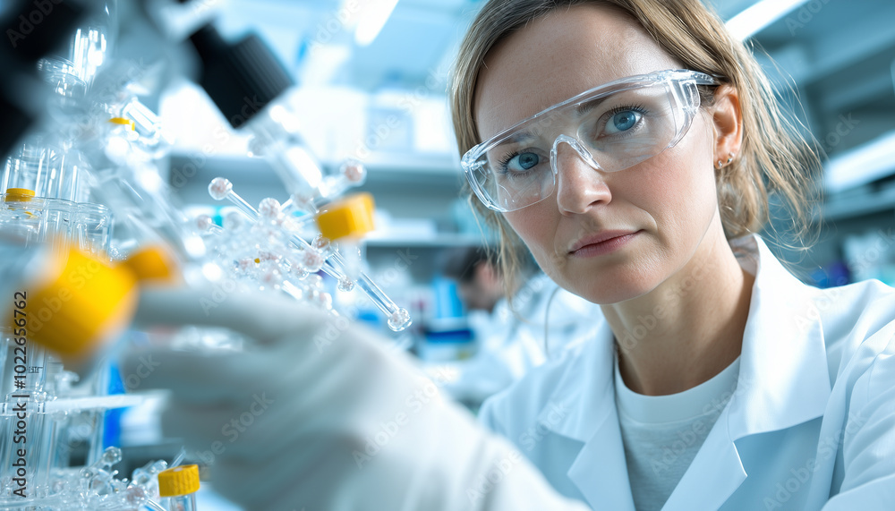 Poster focused researcher in laboratory setting is conducting experiments with scientific equipment. blue l