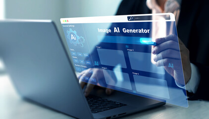Person using AI software to generate images with  futuristic platform user interface. Image AI...