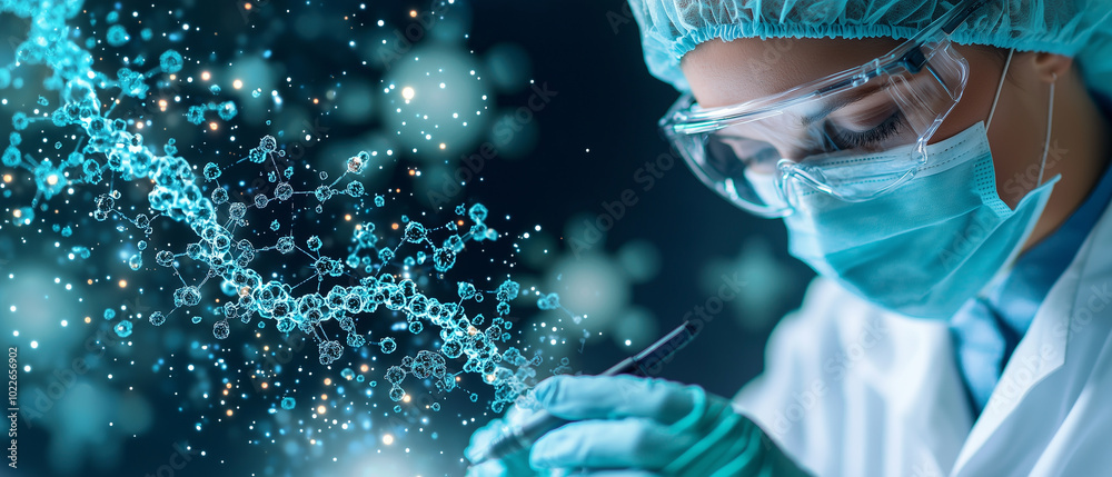 Poster innovative biotechnology researcher in clean lab coat, focused on analyzing molecular structures wit