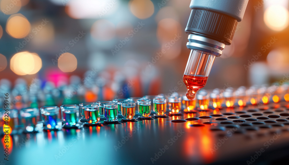 Poster Close up of pipette dropping liquid onto colorful array of vials in laboratory setting, showcasing precision and excitement of scientific experimentation