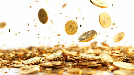 Golden coins falling on a pile of gold coins