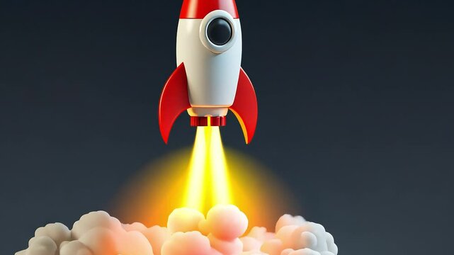 Red and white toy rocket taking off with white smoke.