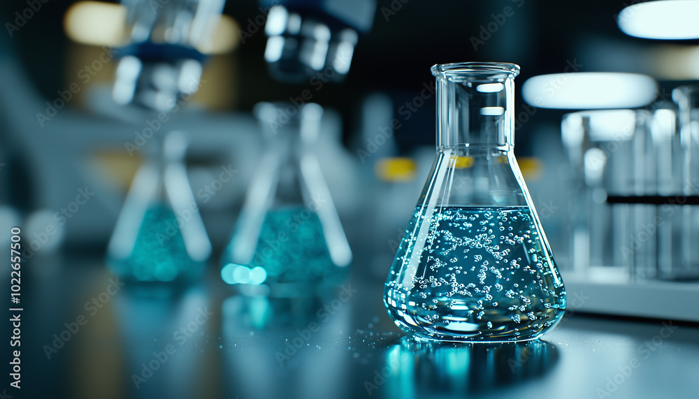 Poster close up of laboratory glassware with bioengineered organisms, showcasing beaker filled with blue li