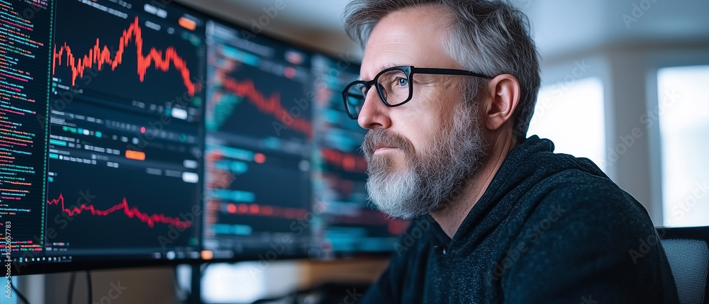 Poster Focused developer analyzing data on multiple screens, immersed in work. environment is tech driven, showcasing graphs and code, reflecting modern workspace