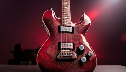 A sleek electric guitar with vibrant red detailing on clean background.