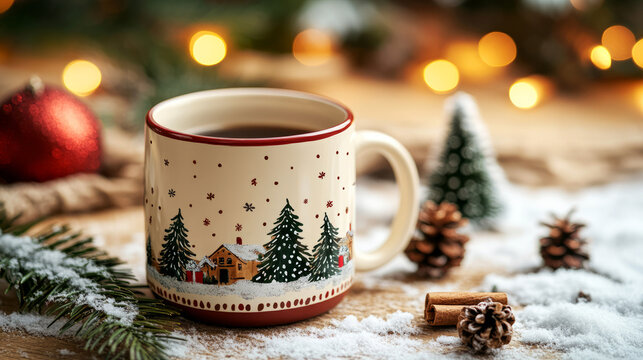 Naklejki Festive Coffee Mug with Christmas Decorations