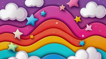 Colorful Paper Art with Stars, Clouds, and Rainbow Waves