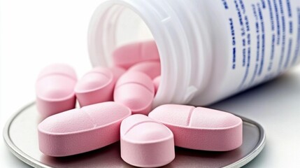 Pink Pills Spilling from Bottle on a Tray