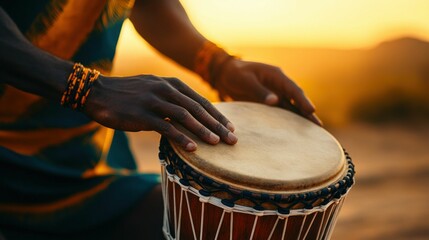 Hands Playing Traditional Drum at Sunset
