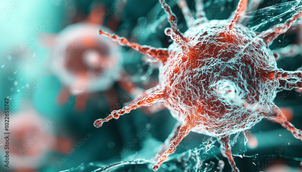 Poster microscopic view of bioengineered cells glowing in vibrant colors, showcasing intricate details and 