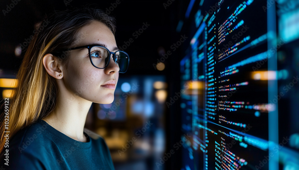 Aufkleber Innovative scientist in futuristic biotech lab analyzing bioinformatics data on digital screen, showcasing advanced technology and deep concentration