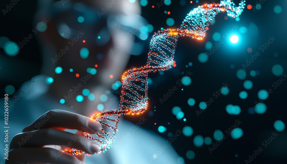 Poster scientist in high tech biotech lab is analyzing glowing DNA sequence, showcasing advanced research and innovation in genetics. atmosphere is vibrant and futuristic