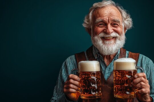 Man with a beard and mustache is holding two beer mugs and smiling. Concept of happiness and enjoyment, as the man is posing with his beer mugs