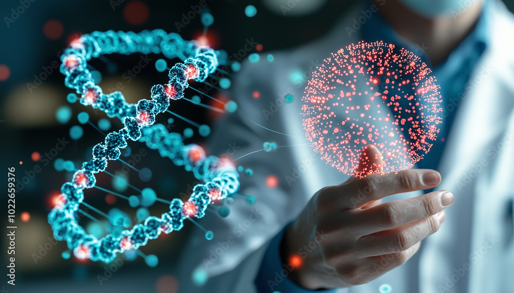 Poster innovative scientist conducting dna analysis with advanced technology, showcasing dna helix and mole