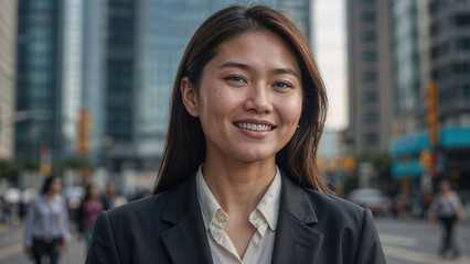 Smiling young professional woman standing outdoors in a busy city, radiating confidence and success