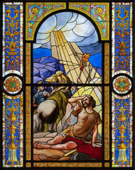 VOGHERA, ITALY - SEPTEMBER 12, 2024: The Conversion of St. Paul the Apostle in the stained glass of...