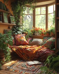 Fototapeta premium Cozy indoor nook adorned with lush greenery and colorful textiles, creating a serene reading space.