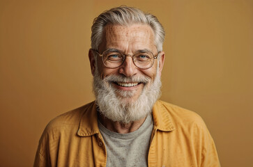 Fototapeta premium Friendly senior man with a white beard and glasses, smiling against a warm, solid background
