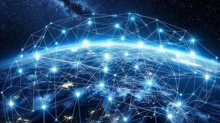 Fototapeta premium Global communication network concept with interconnected business nodes and human resources collaboration across worldwide platforms.