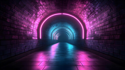 3D Render of a Brick Tunnel Illuminated by Neon Lights, Creating a Glowing and Futuristic Scene