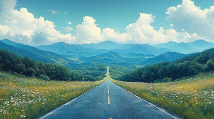 A winding asphalt road disappearing into the distance between mountains and wildflowers