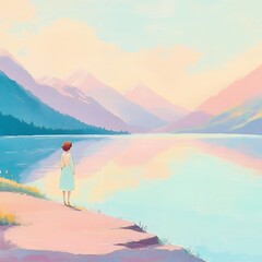 Naklejka premium Illustration of a woman standing by a serene lake surrounded by pastel-colored mountains under a soft sky. Peaceful landscape and solitude concept.