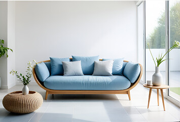 Beautiful sofa in front of window and blank white wall with copy space. Minimalist house interior design modern living room.