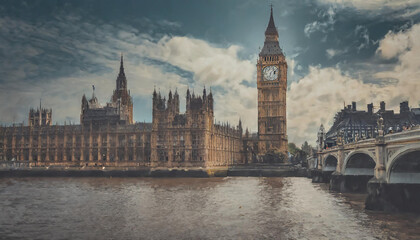 Fototapeta premium View of the Houses of Parliament and Big Ben along the River Thames in London under a cloudy sky during late afternoon