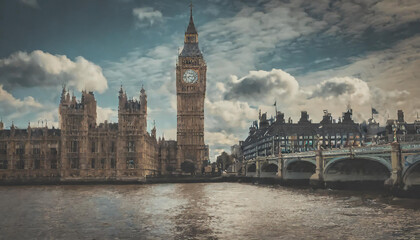 The iconic Big Ben and Houses of Parliament reflecting on the River Thames with clouds in the sky...