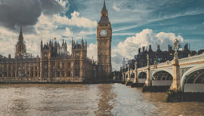 View of the iconic Big Ben and the Houses of Parliament along the River Thames under a cloudy sky...