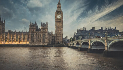 Naklejka premium Iconic clock tower and historic buildings along the River Thames in London during a dramatic evening sky