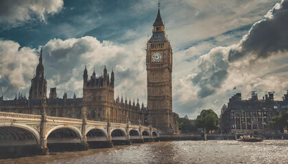 Towering Big Ben overseeing the River Thames as clouds loom over London in the late afternoon light