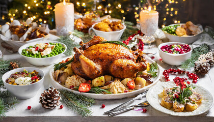 Festive holiday dinner featuring a roasted turkey centerpiece with seasonal sides arranged on a beautifully decorated table