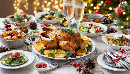 Festive holiday dinner featuring a beautifully roasted turkey surrounded by seasonal side dishes and garnishes