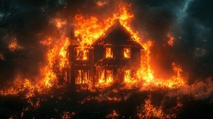 A Wooden House Engulfed in Flames Against a Dark Sky