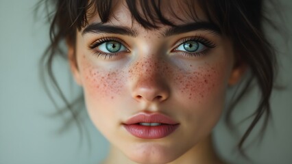 Fototapeta premium A captivating portrait of a young woman with striking blue eyes and freckles, exuding natural beauty and charm