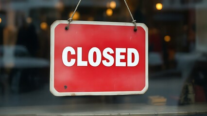 A red and white "CLOSED" sign hangs on the glass door of a shop, indicating that the business is not currently open