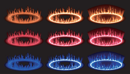 A vibrant collection of colorful flame rings, showcasing dynamic hues of red, blue, and orange against a dark backdrop, teleport gate in game fantasy.