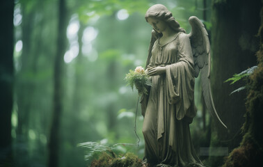 A serene image of an antique, winged statue of a female figure, her face turned downward in contemplation. Holding a small bouquet of flowers, she appears to be mourning or praying