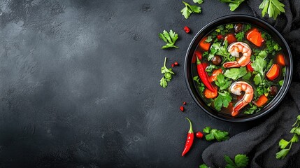 Fresh Shrimp Soup with Colorful Vegetables and Herbs