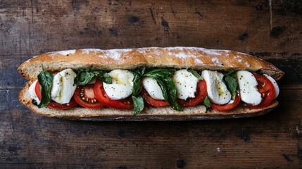 Fresh Caprese Sandwich on Rustic Wooden Table