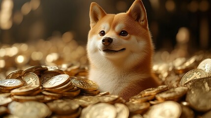 Shiba Inu Dog Surrounded by Golden Bitcoin Cryptocurrency Coins