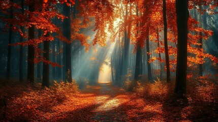 Fototapeta premium Sunbeams Illuminating a Path Through a Forest of Autumnal Trees