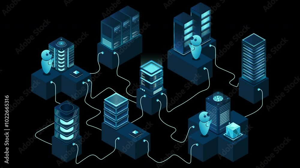 Poster 3d isometric concept big data center animation with server. cloud computing. network mainframe infra