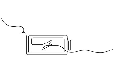 One continuous line drawing of battery charging. Lightning bolt symbol and electricity energy type sign in simple linear style. Editable stroke, One line drawing of battery full of charge.